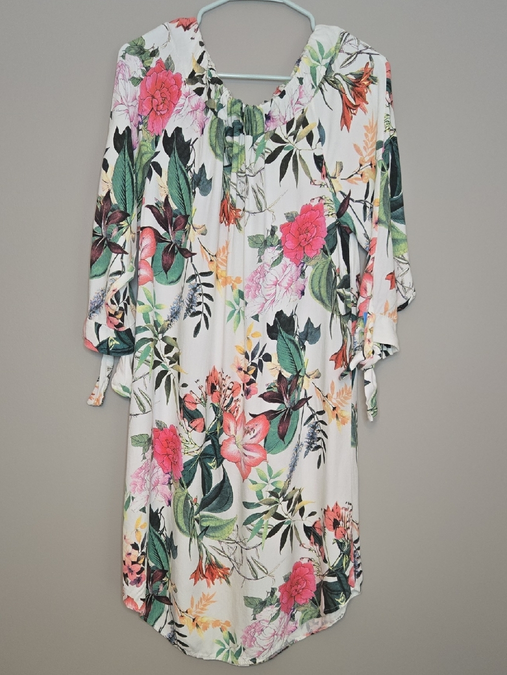 Floral White Tunic Dress with Pink & Green Botanical Print Made In Italy